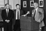 Barry Thompson Speaking at Merger Press Conference, Front by East Texas State University